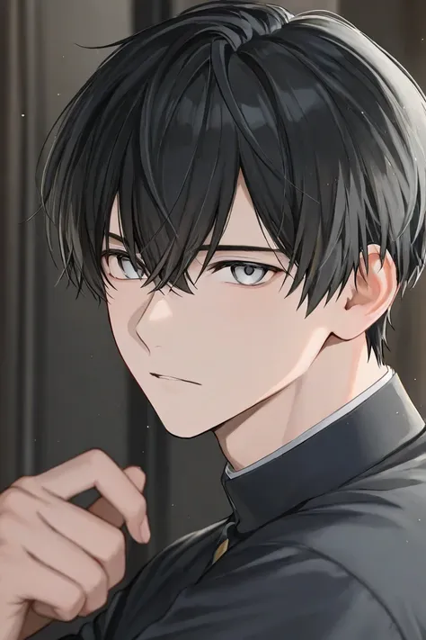 Anime boy with short black hair and grey eyes
