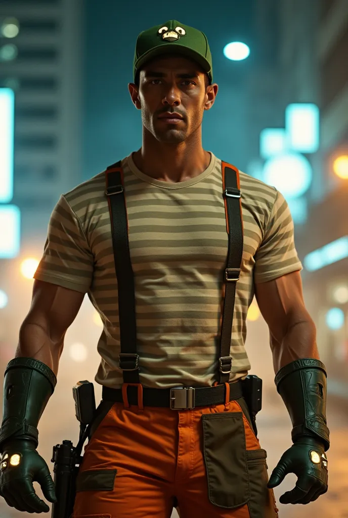 A powerful urban superhero in an iconic costume: beige and brown striped T-shirt, patched short pants and orange suspenders. He wears a stylized green cap, now modernized with advanced technology, with small holographic visors built into it. His gaze is de...