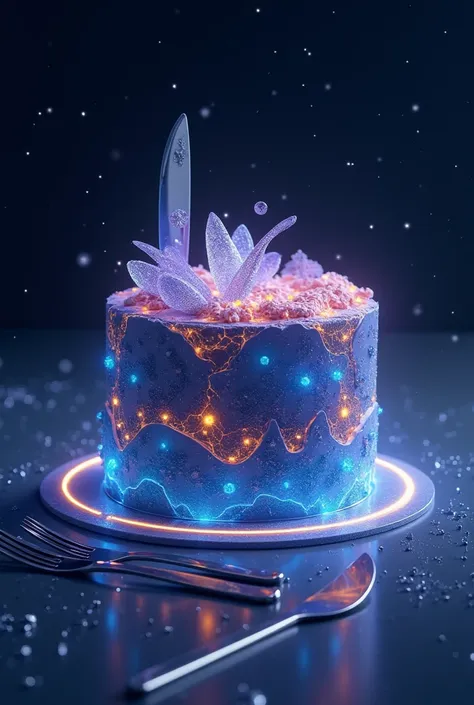  best quality of wells,   very detailed、8k、  high res, Sea of Stars(background)、futuristic cake、knife＆fork、