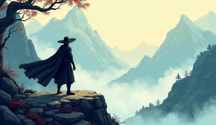 Game title image to go to Steam store. Martial arts game. Black hat and cape figure appears in small size. Feeling about to journey. Ink painting-like background. More cartoon style. More emphasis on mountain background.