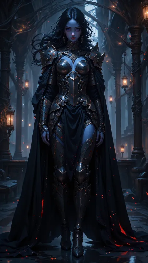  One wears Portrait of beautiful mysterious woman in dark knight armor，Amazing， Exquisite and subtle depiction ， Challenges the boundaries of fine art ），（grace、 Carefully crafted clothing details ， Black smooth clothing ，robe），（ Blue Skin：2.0,  Glowing pur...