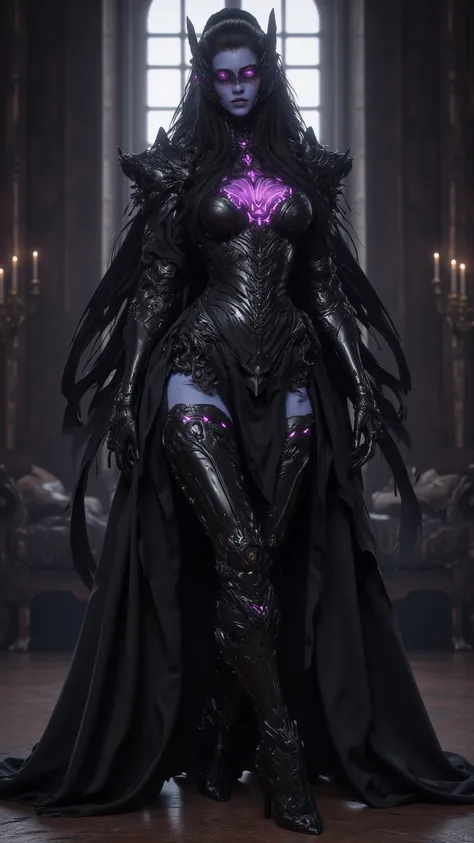  One wears Portrait of beautiful mysterious woman in dark knight armor，Amazing， Exquisite and subtle depiction ， Challenges the boundaries of fine art ），（grace、 Carefully crafted clothing details ， Black smooth clothing ，robe），（ Blue Skin：2.0,  Glowing pur...