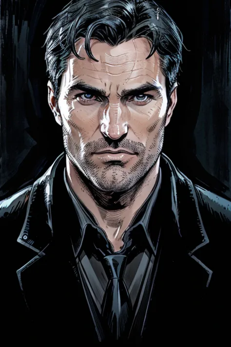 A portrait of Bruce Wayne whose facial features are a combo of Kevin Conroy + Robert Pattinson + Ben Affleck + Christian Bale + Val Kilmer + Michael Keaton. Bruce wears a sharp black suit. Bruce has black hair and blue eyes. Comic-style realism animation m...