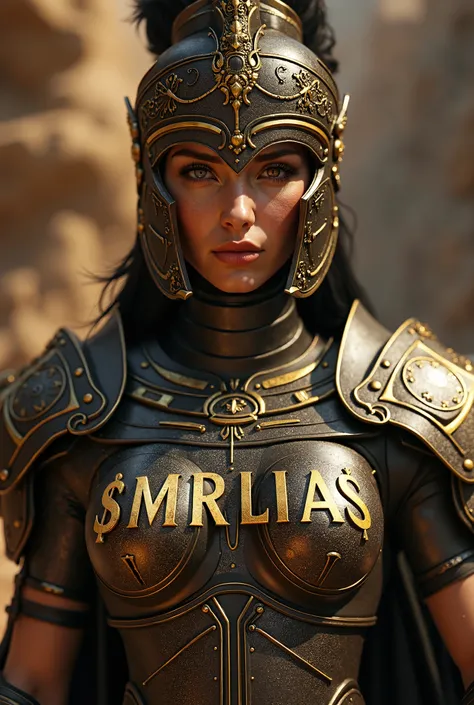 Roman goddess, warmonger, with words $MRLIAS largely embedded on chest armor, head to breast, legionnaire cybernetics. High Resolution, Masterpiece, Award Winning, Best Quality, High Details, High Quality, UHD, Optical Illusion, Impressionism, Art Deco, Ci...