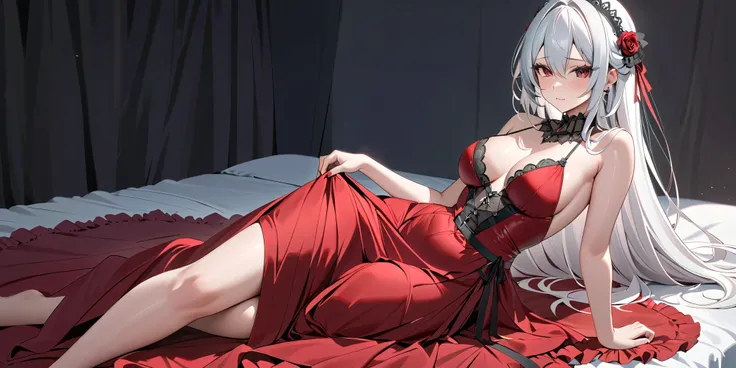 ( highest quality,  masterpiece,  super precise,  high res), 8k,  Anatomically Accurate Body ,  anime girl has long white hair、 wearing a nice dress, Change in dress, Nightcore,  red dress,  Gothic Maiden anime girl , White-haired goddess,  beautiful attra...