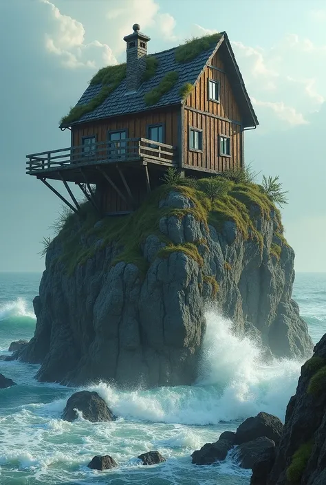 create an image of an old wooden house on a stone rock over strong waves