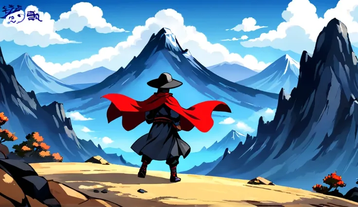 Game title image to go to Steam store. Martial arts game. Black hat and cape figure appears in small size. Feeling set for journey. Ink painting-like background. More cartoon, anime style. More emphasis on mountain background.