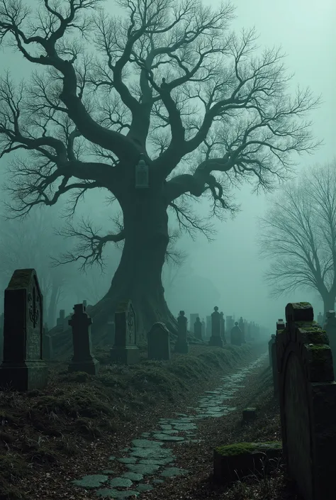 Create a background where Amidst the dead trees and graves, there stands an oak tree.