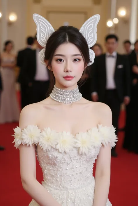 This is a photograph capturing a young Asian woman standing indoors on a red carpet, likely at a formal event. She has long, dark hair styled in an elegant updo, adorned with a pair of large, ornate, white butterfly wings attached to the back of her head. ...