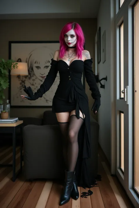 horror movie, cute monster (cute woman, age 25, cracked porcelain skin, spooky scary sexy dress, black boots with heels, black long gloves) she is a disturbing presence standing idly in a modern living room