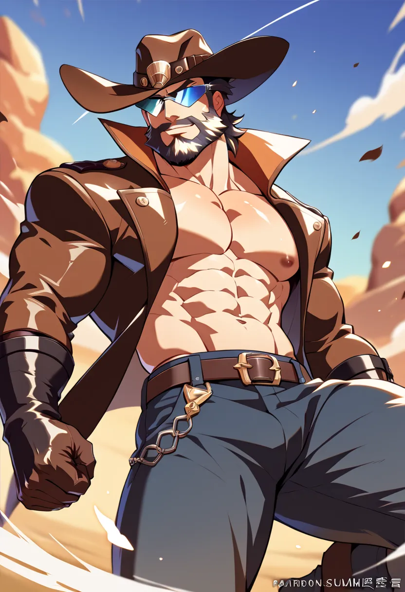 A muscular and broad-shouldered cowboy with an imposing presence, featuring defined pectorals and a chiseled abdomen, posing in a desert setting at sunset. He wears a slightly tilted black cowboy hat, an open brown leather jacket exposing his bare chest, t...