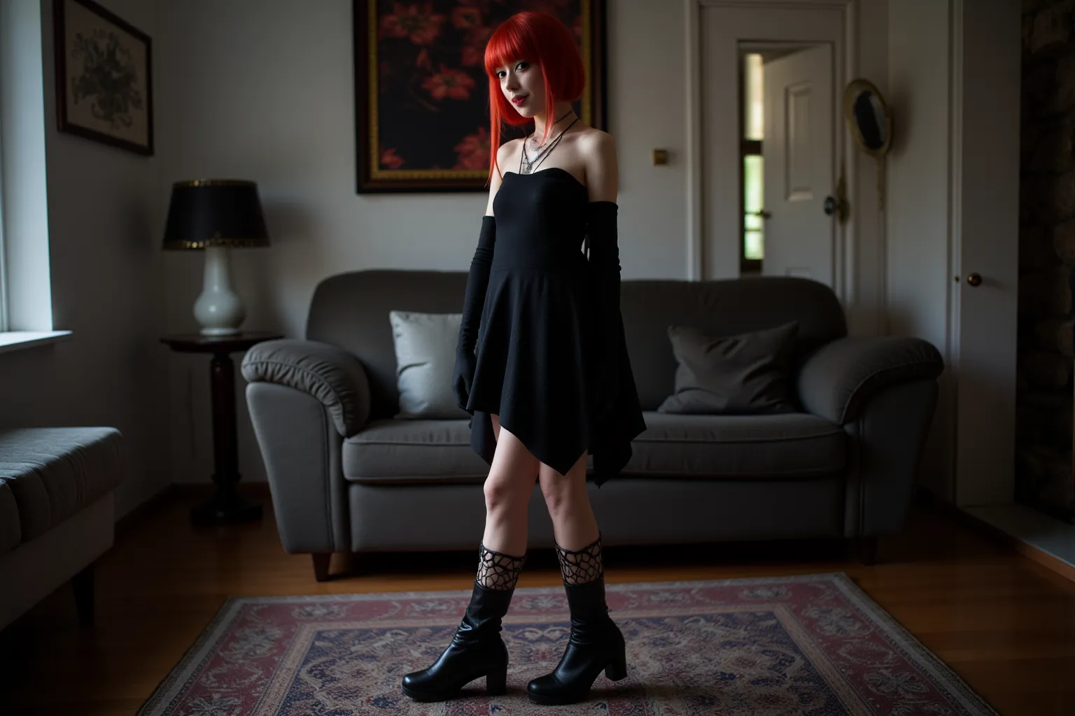 horror movie, cute monster (cute woman, age 25, cracked porcelain skin, spooky scary sexy dress, black boots with heels, black long gloves) she is a disturbing presence standing idly in a modern living room