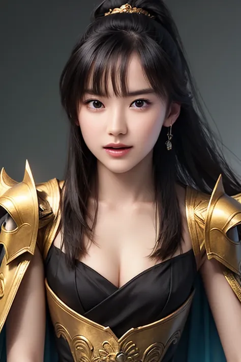 close-up of a woman wearing armor and a golden cape up to the waist , 1 person,  cute ponytail  ,20 years old, (((Real Face))), slightly larger breasts and cleavage,  reveal cleavage,Scary face,   very fine face and skin texture ,  staring at the camera,  ...