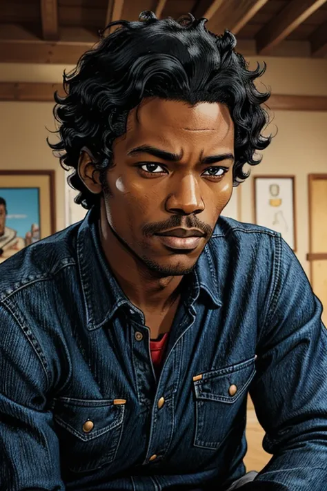 A handsome and pleasant-faced African American male with medium-length black curls. The male's facial features are a combo of Jimi Hendrix + Sean Patrick Thomas + Donald Glover. The male wears a denim shirt. The male sports slight stubble. The male looks k...