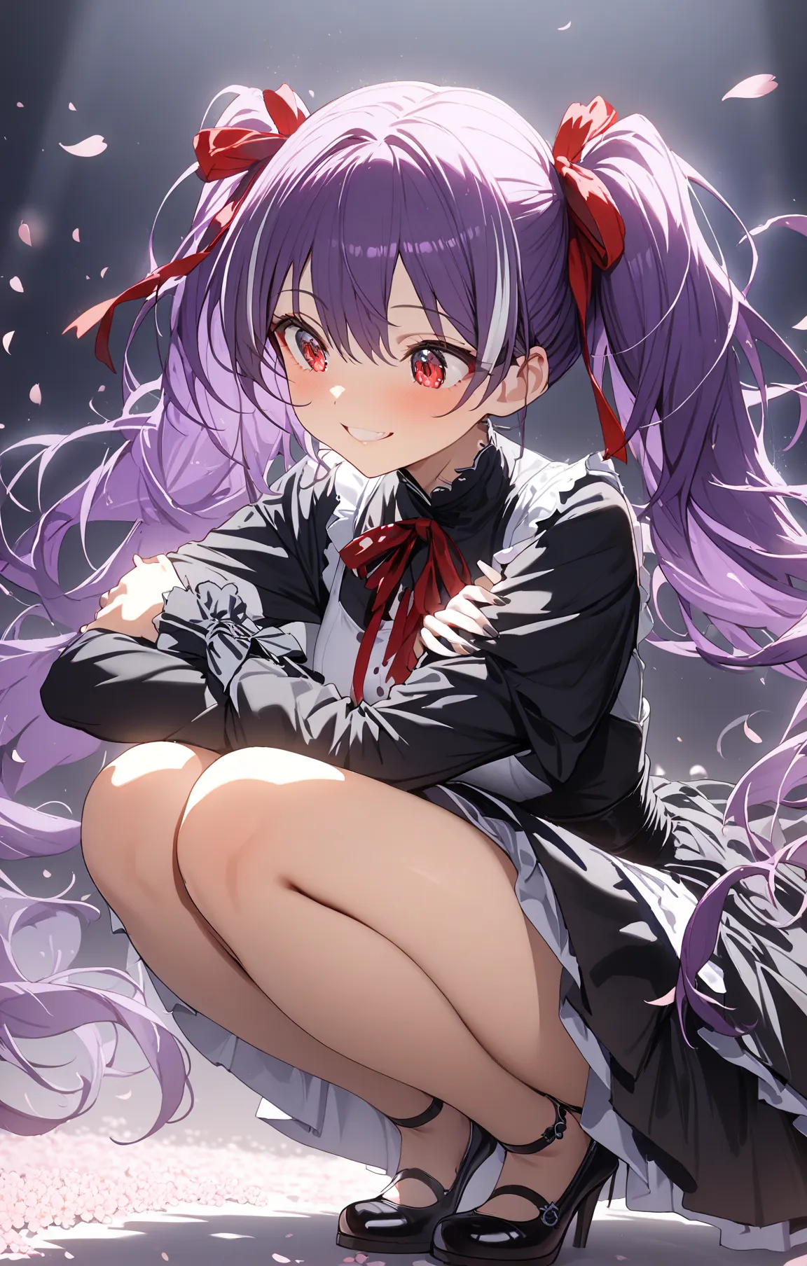 
1 girl,How tall is an 18-year-old, purple hair ,Red Eyes,smile, twin tails, with 2 red ribbons on the head, black gothic lolita dress,Cherry blossom blizzard dances , cherry blossoms at night, full moon,diffused light,squatting,
looking away,masterpiece,b...