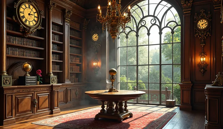  Visualize a grand library in a steampunk mansion ,  where Victorian elegance meets industrial engineering .  tall shelves of richly carved wood coexist with bronze details ,  displaying gears and cogs throughout its structure . Several elaborate clocks , ...