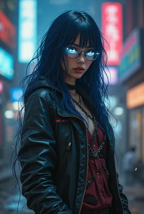 Cyberpunk 2077, female, super long dark blue hair, netrunner, white kiroshi optics, body shot view