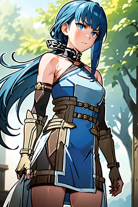 ((((((iron breastplate armor, chest protector)))))), (((no-connected two corsets in blue cloth, wide-set two corsets between blue cloth, many belts with porch:1.3))), (((BLUE SKIRT, waist blue skirt, mini skirt, only two white line skirt, thighs:1.3))), ((...