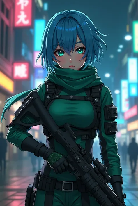 "4K anime style quality, digital drawing mode, a sleek blue-haired sniper with piercing teal eyes, wearing a green and black combat outfit with a long scarf, standing in a neon-lit city, full body, sharp and focused stance exuding deadly precision, dramati...