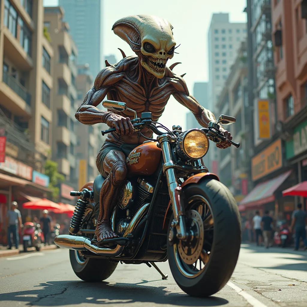 Very ugly alien riding a motorcycle in Mexico City 