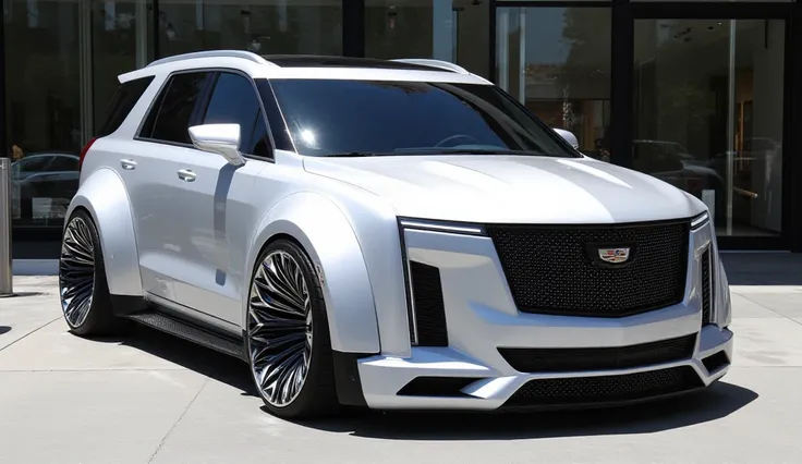 "A futuristic 2028 Cadillac Escalade parked outside a luxury showroom in broad daylight. The SUV features a bold, wide-body kit with an aggressive stance, redesigned front fascia with a sleek illuminated grille, and sharp, angular LED headlights. The metal...