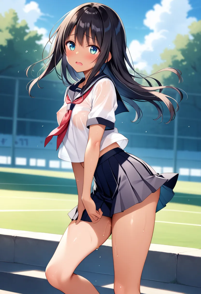 masterpiece, best quality, delicate illustration,ultra detailed skin, (yuuki mikan), Black Hair, 
(1girl:1.2), (tan:1.0), See-through (summer school uniform:1.1), (See-through skirt), (it is micro mini skirt:1.35), (it is Navy skirt), (ass:0.5), no bra, (n...