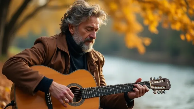 "A middle-aged man with a rugged appearance, well-groomed beard, and stylishly tousled hair is playing a classical acoustic guitar outdoors during autumn. He wears a brown leather jacket over a dark sweater, exuding a calm and introspective mood. The backg...