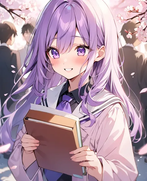  alone，   long hair ， purple hair， chip pink highlight，woman，  purple eyes ，smile,uniform、 Long Sleeve、student、School、graduation、 after graduation、graduation証書持ってる、Cherry blossoms are chirping