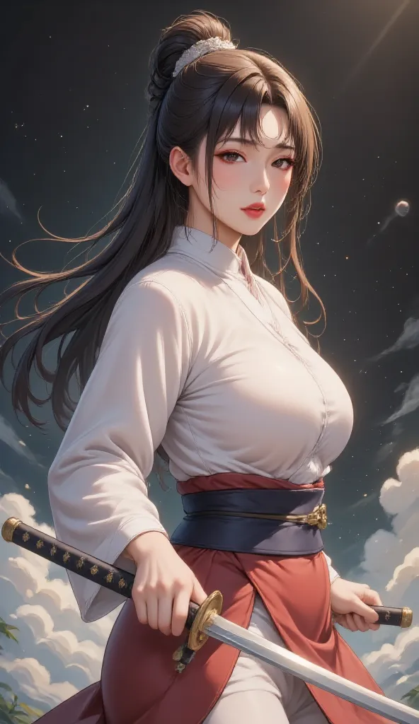 Samurai girl demonstrates Iaido in outer space,  fantastic art ,  super detailed,  Absolute resolution ,  masterpiece