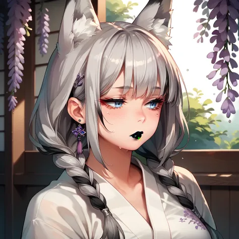 elegant woman, sharp blue eyes, silver hair with black highlights, kitsune ears, braided pigtails, wisteria hairpin, cold expression, black lipstick, pastel open kimono