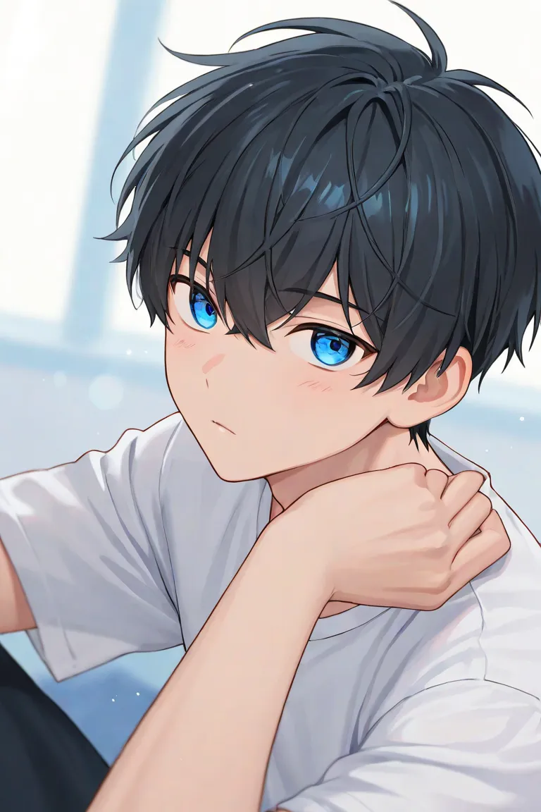 Anime boy with short black hair and blue eyes