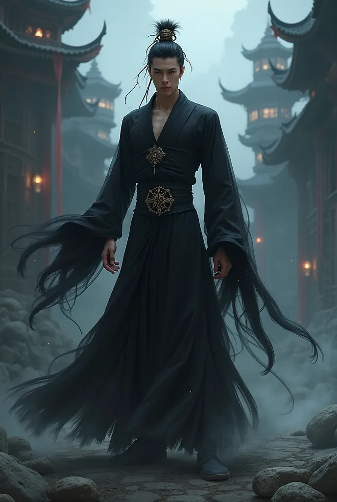 LUO WANG Animated (Chinese Myth);
Fantasy;
Chinese Myth;
Skinny Muscle Body;
Wear Black Chinese Costume;
Black Darkness Elemental;
Black Aura;
Darkness Chinese Castle Background;
Full Body Pict.