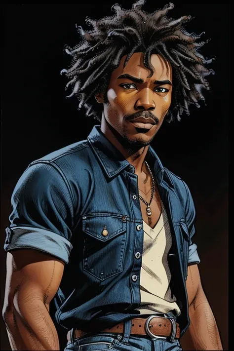 A handsome and pleasant-faced African American male with long black curls. The male's facial features are a combo of Jimi Hendrix + Sean Patrick Thomas + Donald Glover. The male wears a denim shirt. The male sports slight stubble. The male looks kindly and...