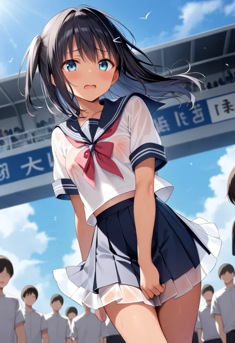 masterpiece, best quality, delicate illustration,ultra detailed skin, (yuuki mikan), Black Hair, 
(1girl:1.2), (tan:1.0), See-through (summer school uniform:1.1), (See-through skirt:1.2), (it is micro mini skirt:1.35), (it is Navy skirt), (ass:0.5), no bra...