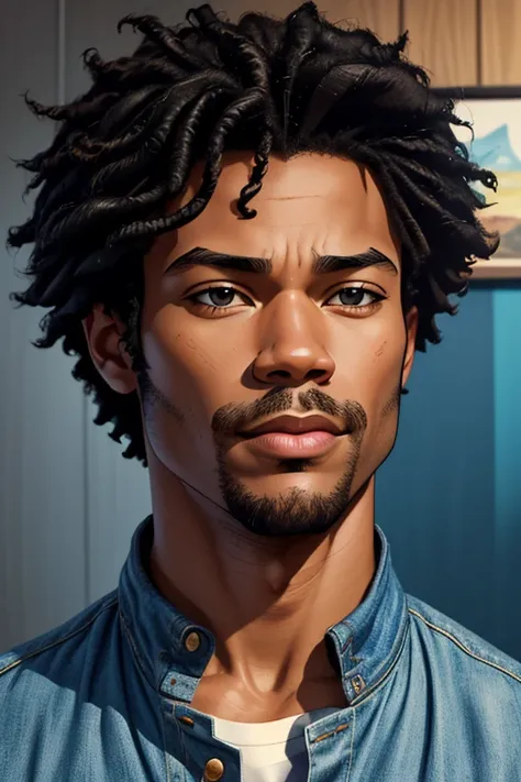 A handsome and pleasant-faced African American male with long black curls. The male's facial features are a combo of Jimi Hendrix + Sean Patrick Thomas + Donald Glover. The male wears a denim shirt. The male sports slight stubble. The male looks kindly and...