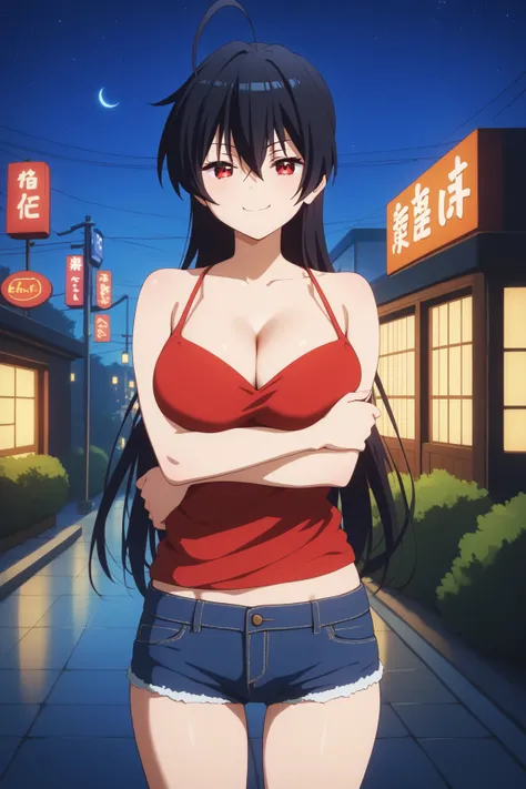 masterpiece,best quality,{{detailed beautiful face and eyes}}, very detailed background,
Touka Takanashi,{{{megami magazine}}},long hair,black hair,ahoge,hair between eyes,red eyes,half closed eyes,large breasts,
camisole, bare shoulders, cleavage, crop to...