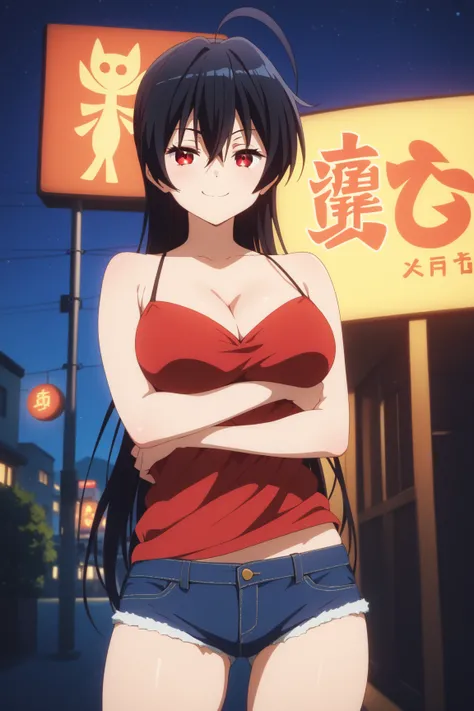 masterpiece,best quality,{{detailed beautiful face and eyes}}, very detailed background,
Touka Takanashi,{{{megami magazine}}},long hair,black hair,ahoge,hair between eyes,red eyes,half closed eyes,large breasts,
camisole, bare shoulders, cleavage, crop to...