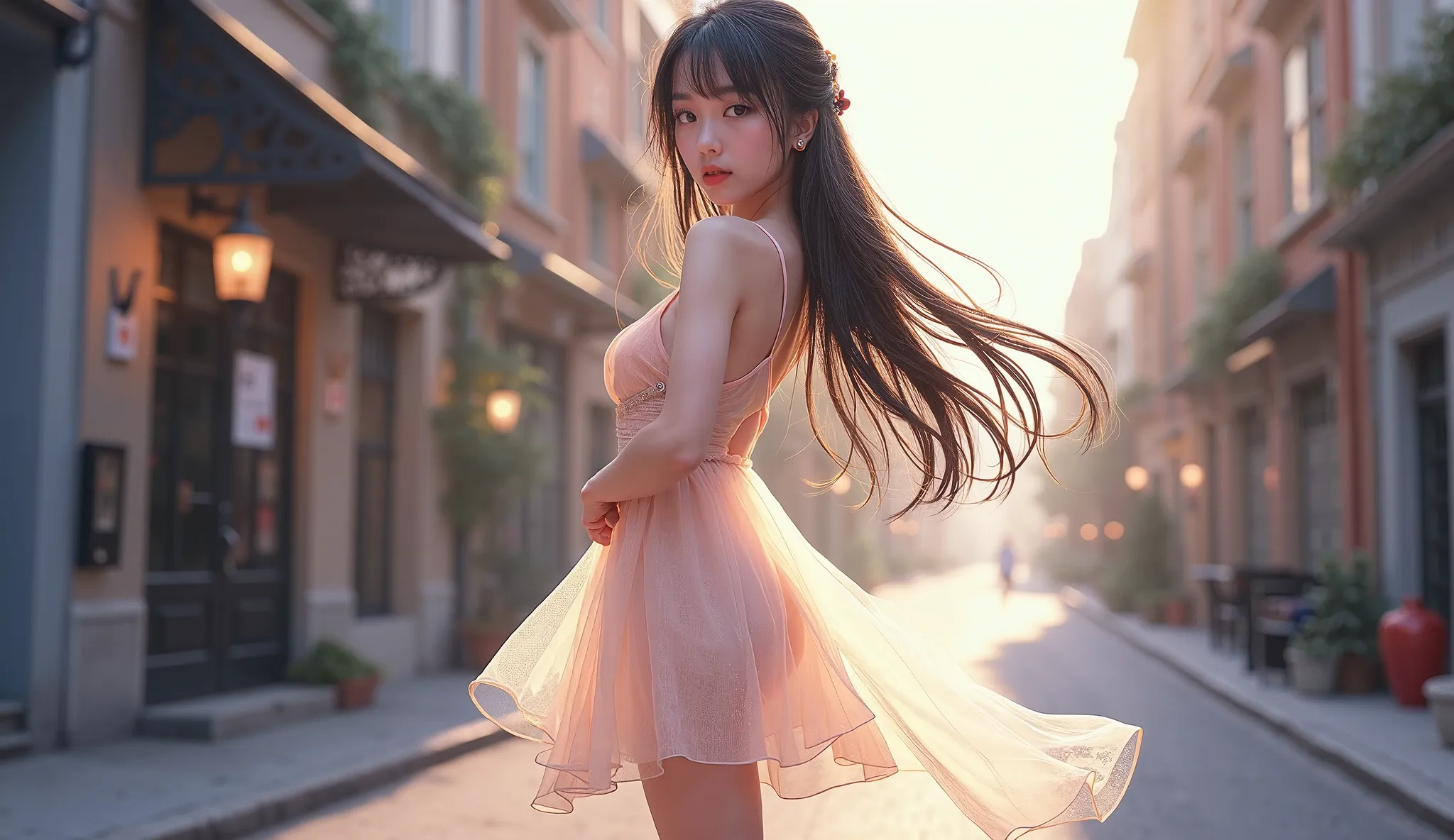 Beautiful girl in a simple dress posing on the street,  full-length tail, The dress is short and transparent