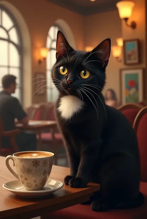 A black cat with a white neck, yellow eyes, sitting for coffee in a cafe