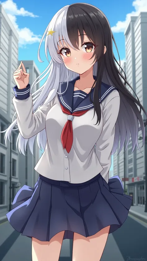  anime girl in a Japanese uniform has two-tone hair , The left is white and the right is blackのツートーンの目, The left is white and the right is black,  Wore a Japanese uniform ,  long hair, Big city background