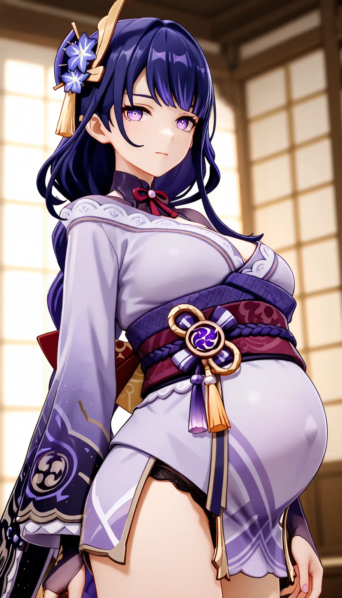 Raiden Shogun_(Genshin Impact), pregnant, wearing purple kimono 