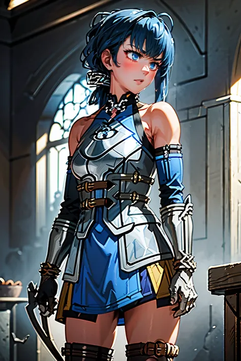 ((((((iron breastplate, chest protector, gray armor)))))), (((no-connected two corsets in blue cloth, wide-set two corsets between blue cloth, many belts with porch:1.3))), (((many belts of arm rings and elbow iron silver gauntlets with brown fingerless gl...