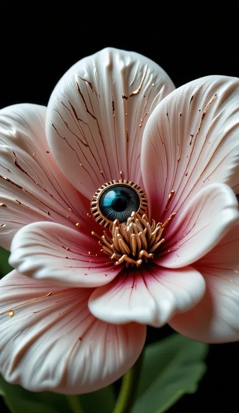 A surreal close-up of a delicate porcelain flower with an embedded golden eye at its center. The petals, adorned with gold cracks, slowly open and close, revealing intricate vein-like patterns. The eye blinks and moves, scanning its surroundings as the pet...