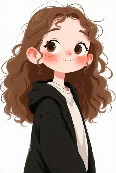  a girl .   White Skin ,  brown hair ,  curls,   long hair ,  Freckles on the cheeks ,   cartoon character wearing a black hoodie and white shirt 