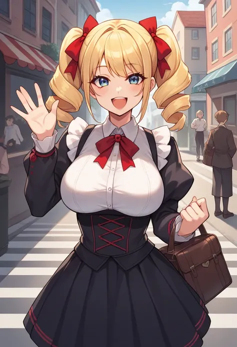 score_9, score_8_up, score_7_up, score_6_up, score_5_up, score_4_up, Anime, Twin drills hair, Blonde hair, Red ribbons, Gothic lolita, 20 years old, loafers, (Clothed), Standing, Waving, Large breasts, Happy, 1 girl, Looking at viewer, Street, Upper body