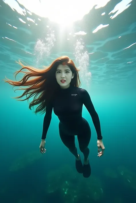 /I a pretty Asian 25 yo lady diving under the sea, wide angle view, brown long hair, black diving suit, sunlight in water, intricate details, photo realistic, vivid, uhd --ar 3:4 --v 6.0