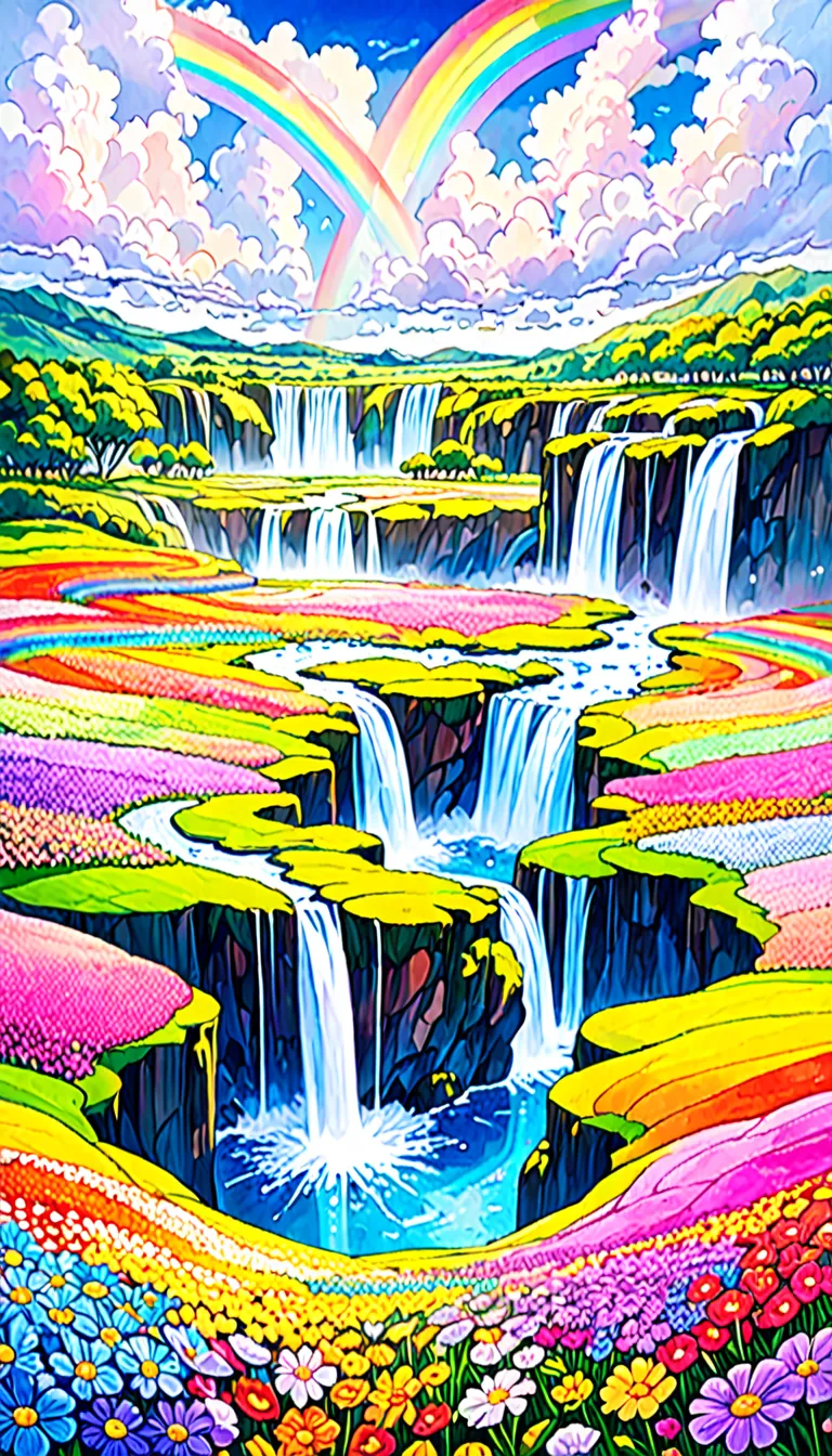 Anime Conceptual installation art combining watercolors, acrylics and collage. Landscape painting only, ultra detailed, absolute resolution, masterpiece. Wide angle aerial background of vibrant pastel colored flower fields. Wonderland world view. Cascading...