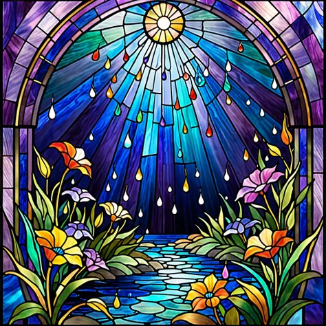 A breathtaking stained-glass-style artwork designed for the brand 'RainbowRainPuzzle.' The image should feature an intricate, colorful scene that embodies the beauty of both rain and vibrant hues. At the center, a mesmerizing cascade of rainbow-colored rai...