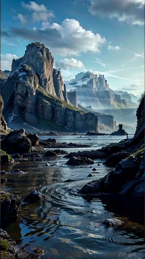  Help me generate poster size ， Mountain and sea mythical atmosphere picture ，Poster background ， Perspective in water ，Just stormed out of the water and saw the surrounding mountains, rivers, and sea！Looking up，The sky takes up 2/3 of the screen