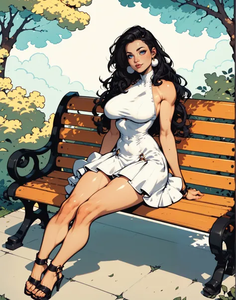 araffe  sitting on a bench  in a white dress and sandals, 30 year old Cuban woman., wearing a beautiful white dress,  wearing a short wet white dress ,  sitting on a bench ,  wearing a white short dress ,  A beautiful woman dressed in white , using high he...